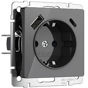 Розетка Werkel W1171744/ Розетка с заземлением, шторками и USB тип A+C (графит акрил)